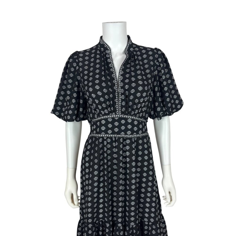 Max Studio London Floral Dress Medium Black White Printed Puff Sleeves Tiered Mi - Picture 3 of 13
